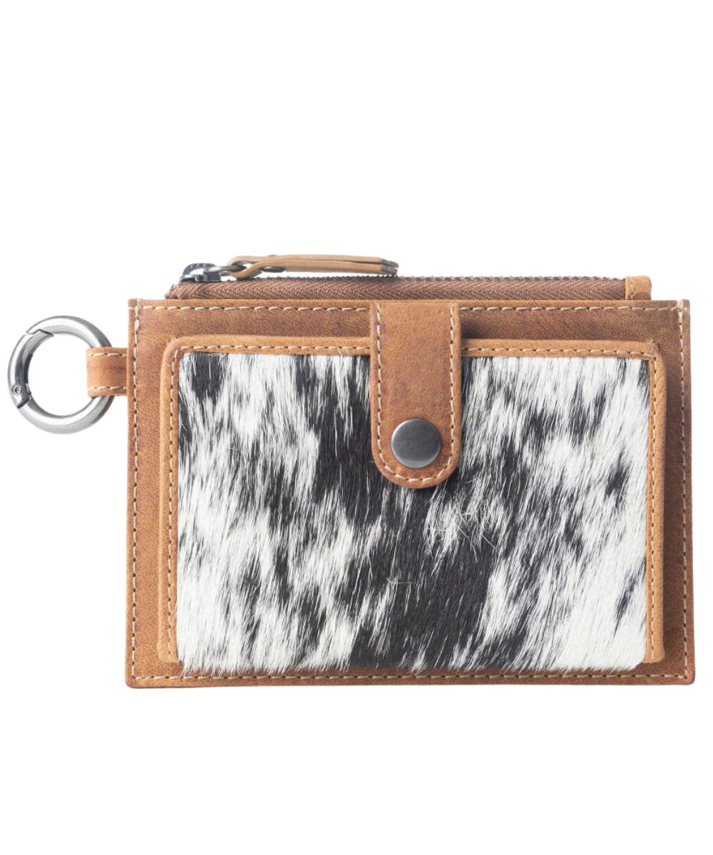 Myra Bags credit card holder wallet featuring black and white hair-on-hide leather and a key ring.
