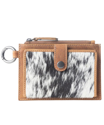 Myra Bags credit card holder wallet featuring black and white hair-on-hide leather and a key ring.