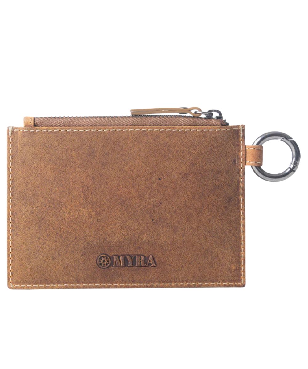 Back view of the Wind Rider credit card holder with Myra logo stamp.