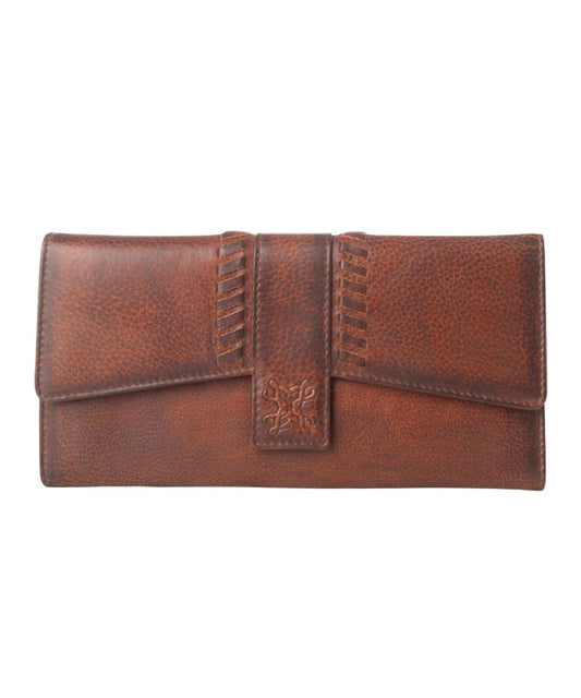 Myra Bags women's vegetable-tanned leather wallet featuring handwoven details on the front.