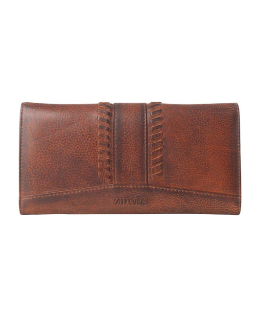 Back view of the Zidana women's wallet in dusky bronze with handwoven details.
