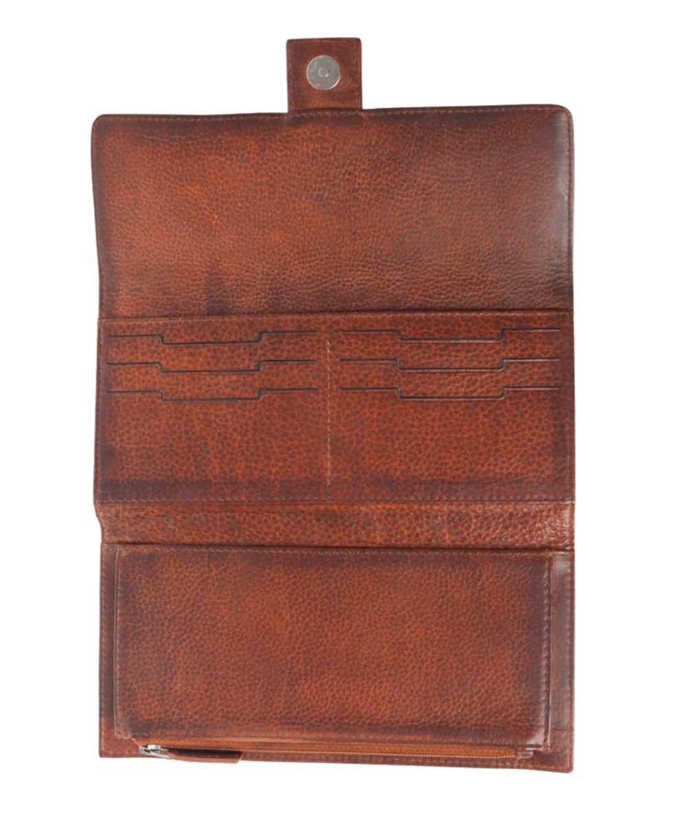 Inside view of the Zidana women's wallet containing 6 card slots and 1 zippered pocket with magnetic snap closure.