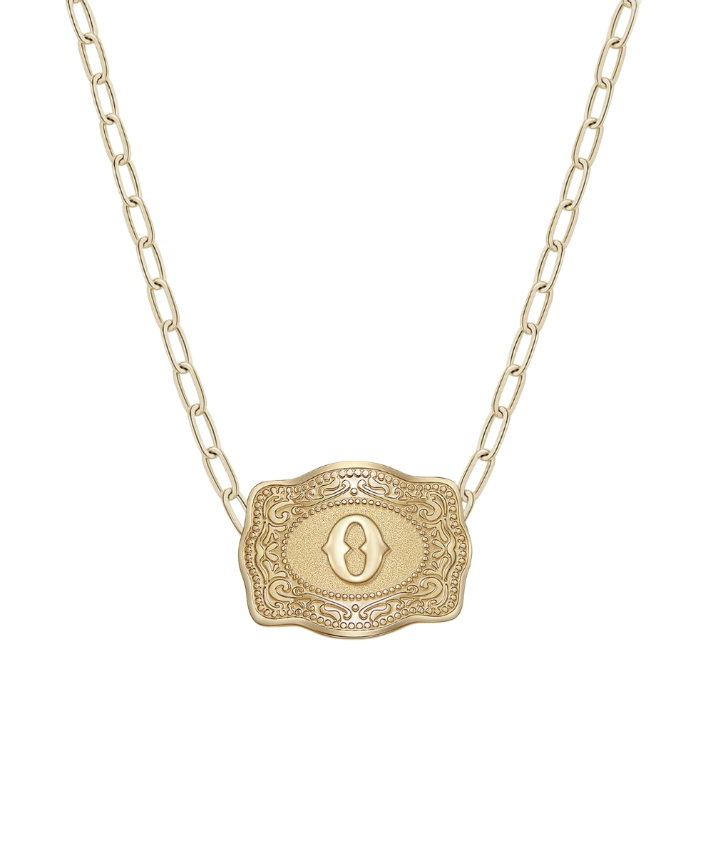 mini gold belt buckle o initial necklace on white background