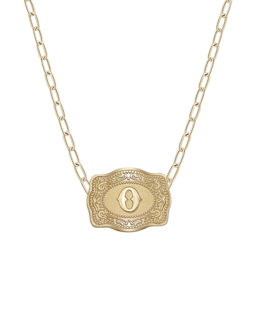 mini gold belt buckle o initial necklace on white background