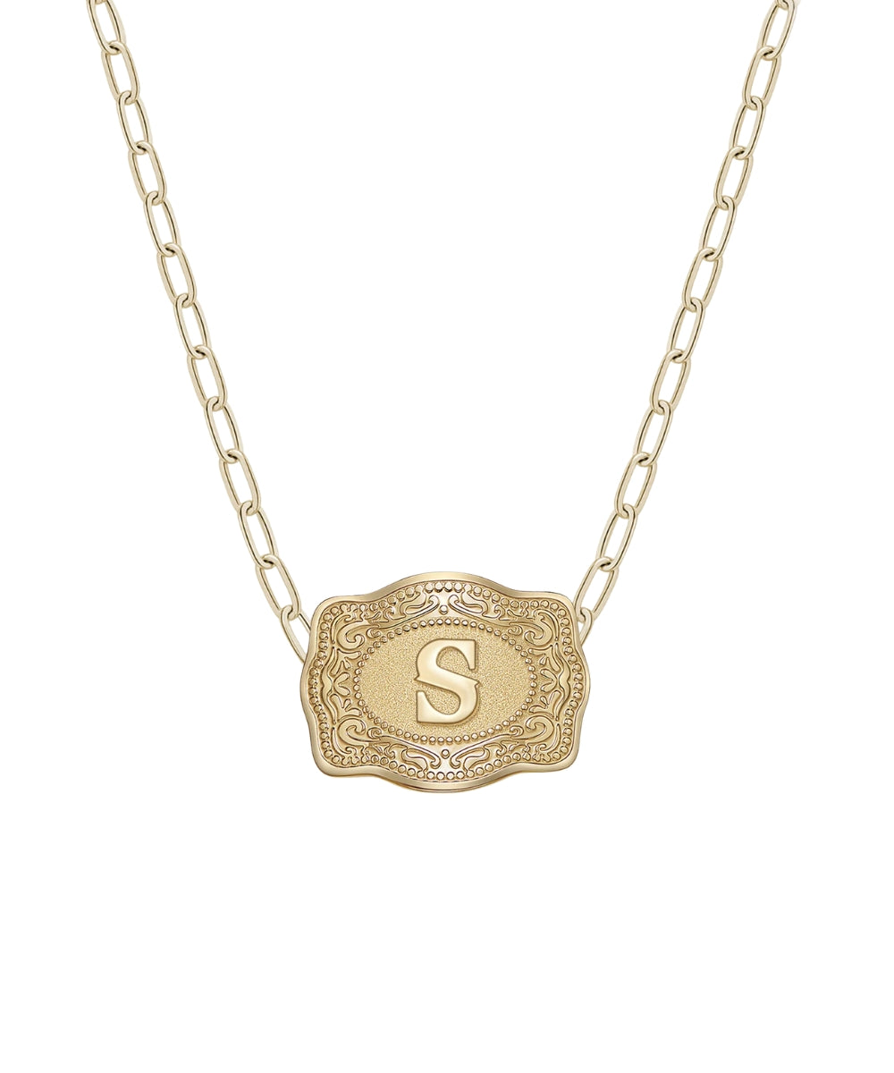 mini gold belt buckle s initial necklace on white background