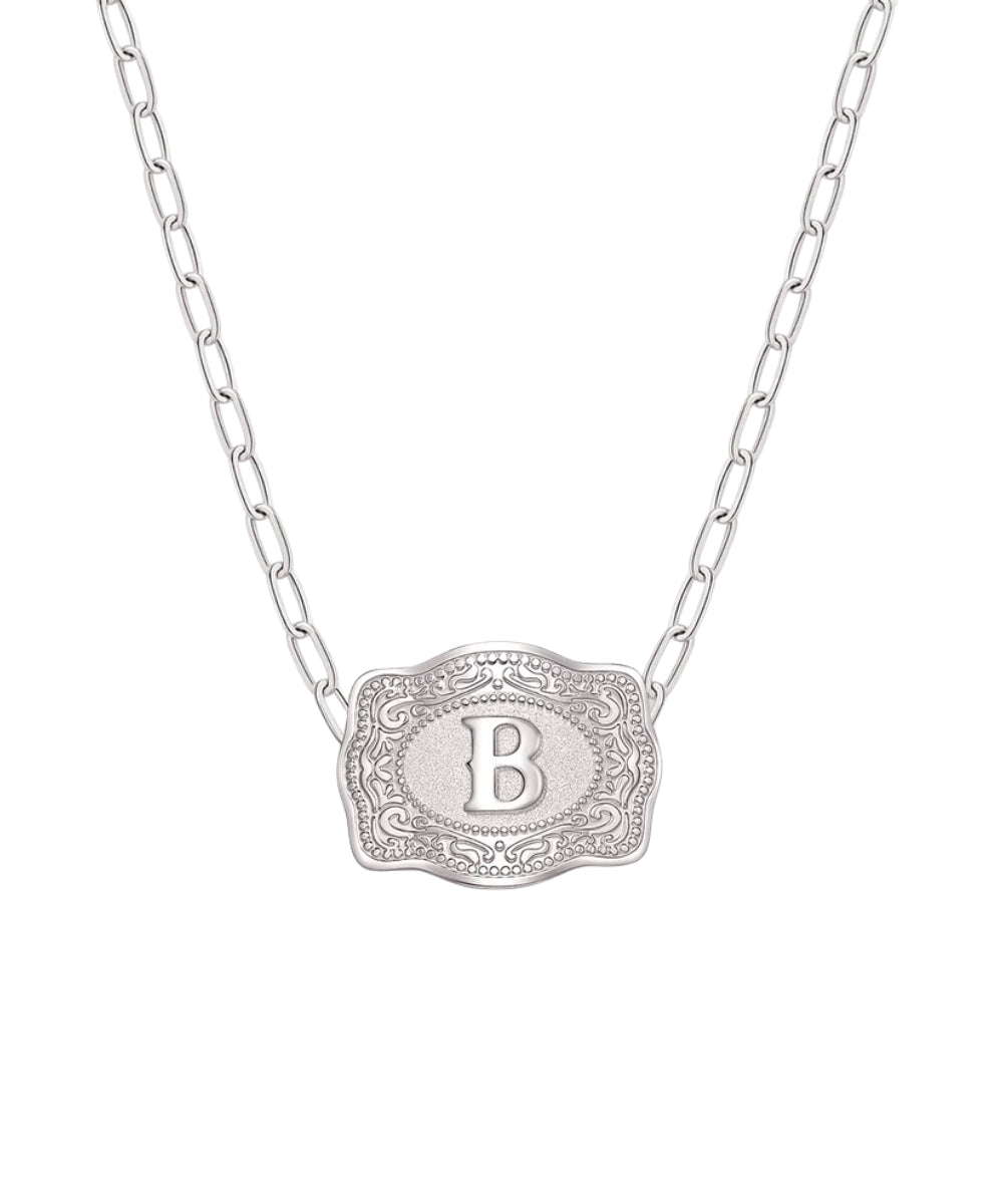 mini silver belt buckle b initial necklace on white background