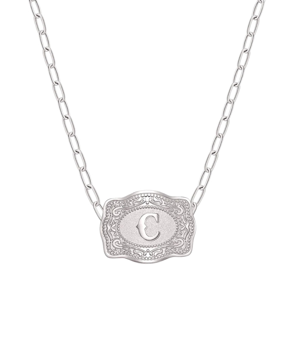 mini silver belt buckle c initial necklace on white background