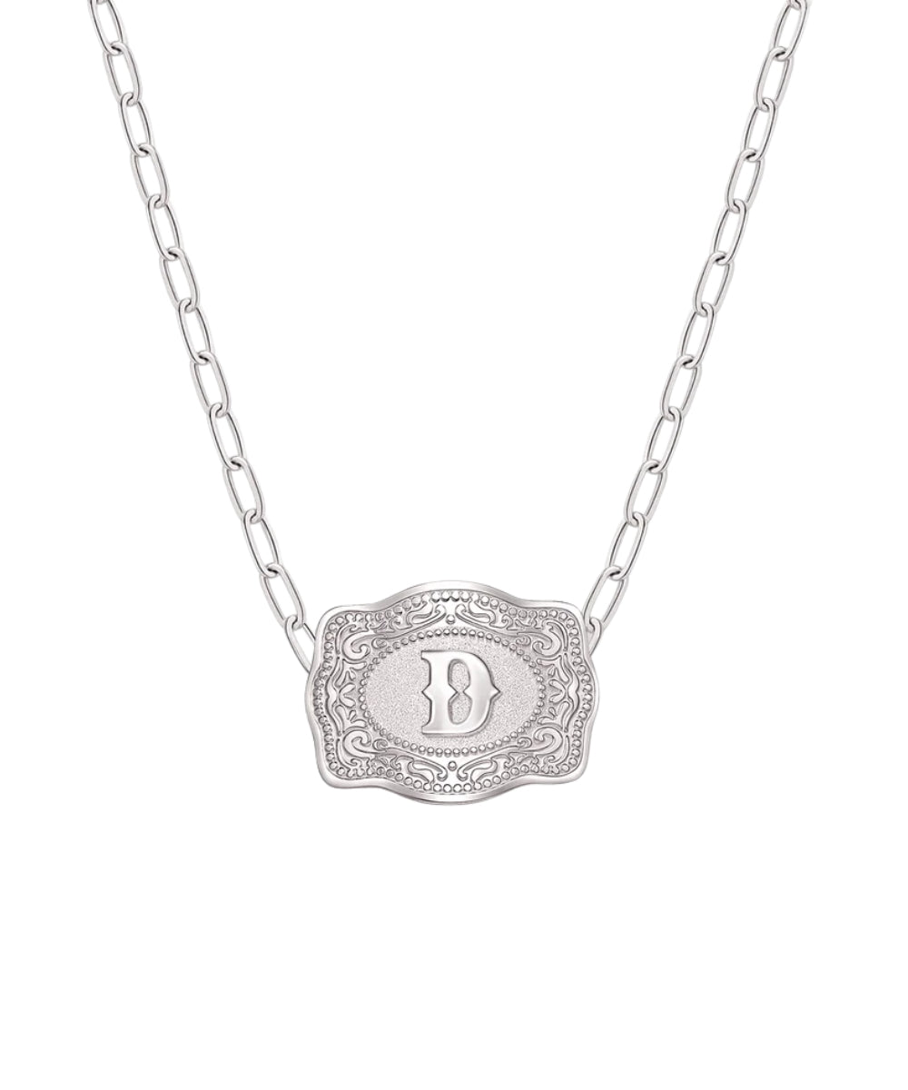 mini silver belt buckle d initial necklace on white background