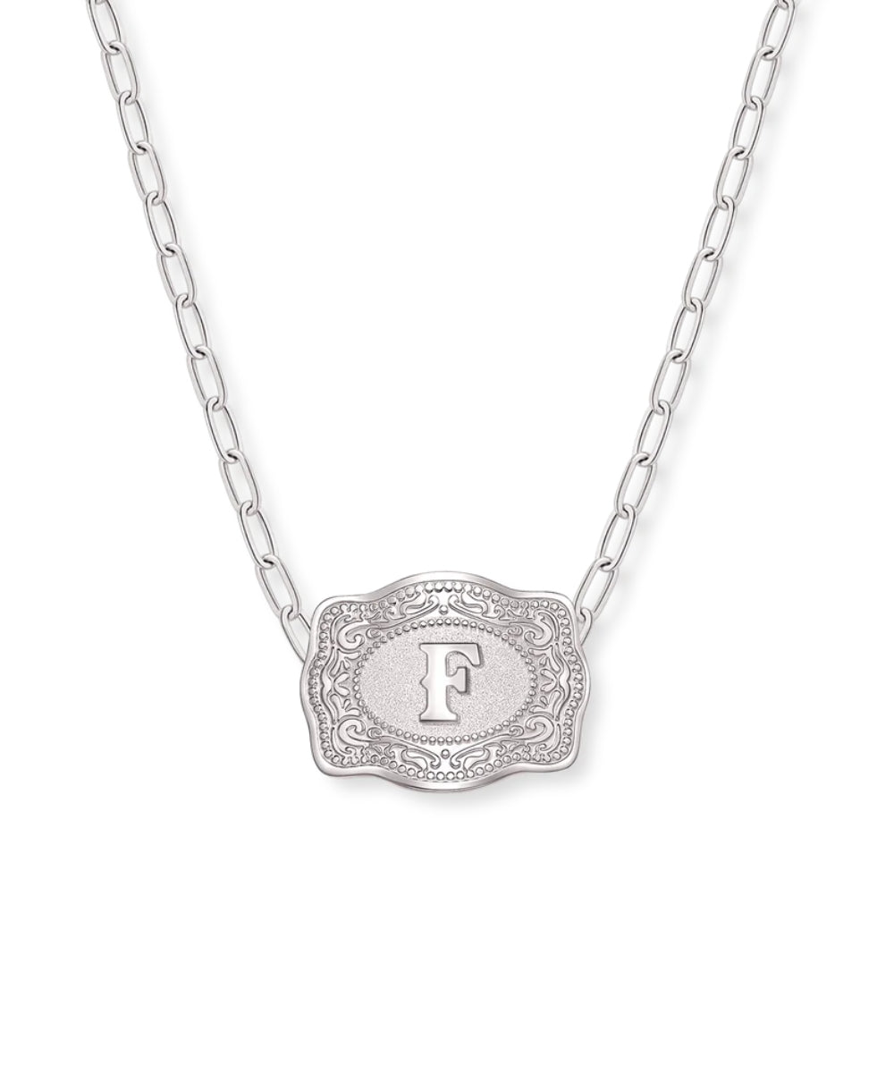 mini silver belt buckle f initial necklace on white background