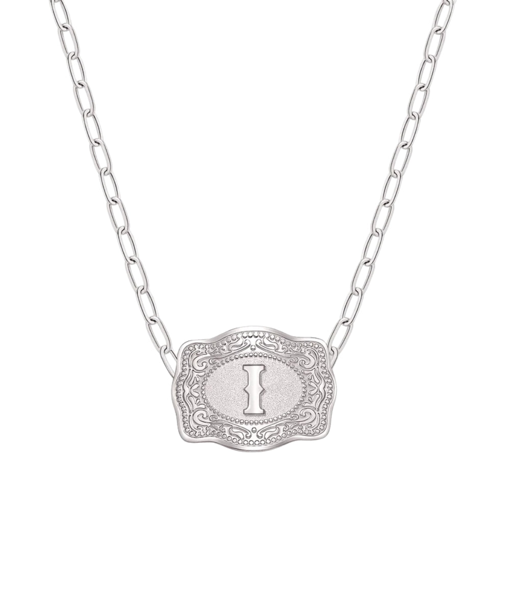 mini silver belt buckle i initial necklace on white background