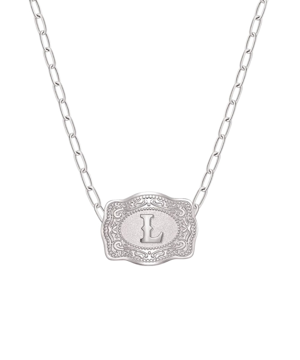 mini silver belt buckle l initial necklace on white background