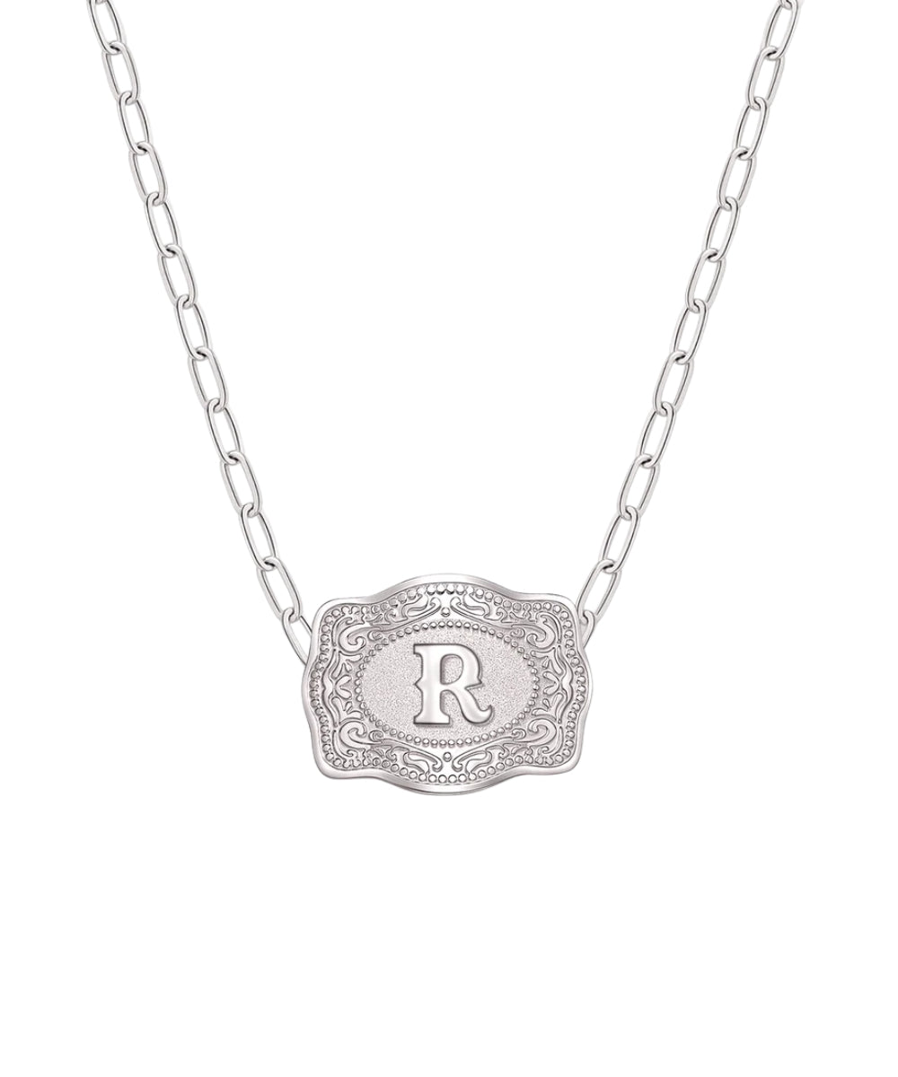 mini silver belt buckle r initial necklace on white background