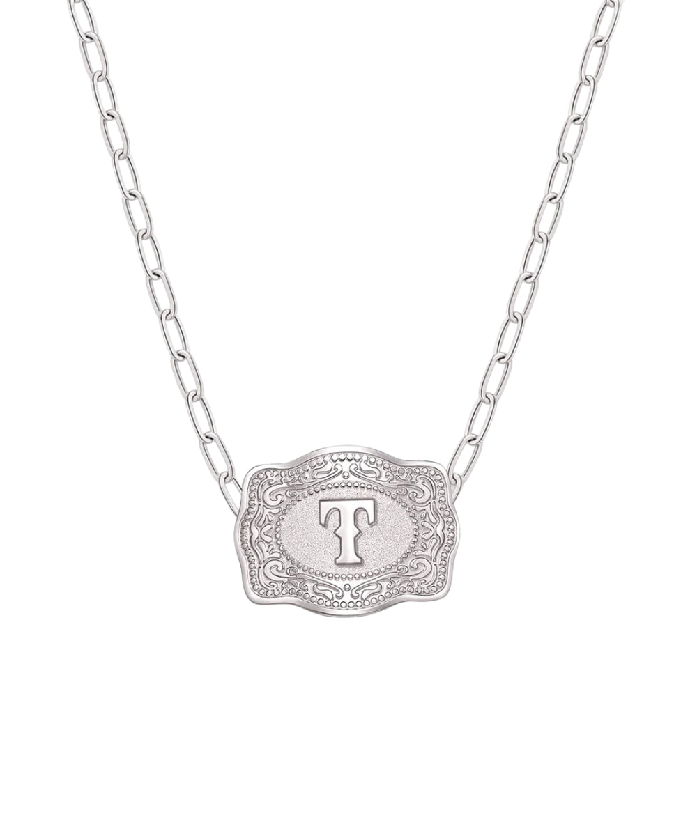 mini silver belt buckle t initial necklace on white background