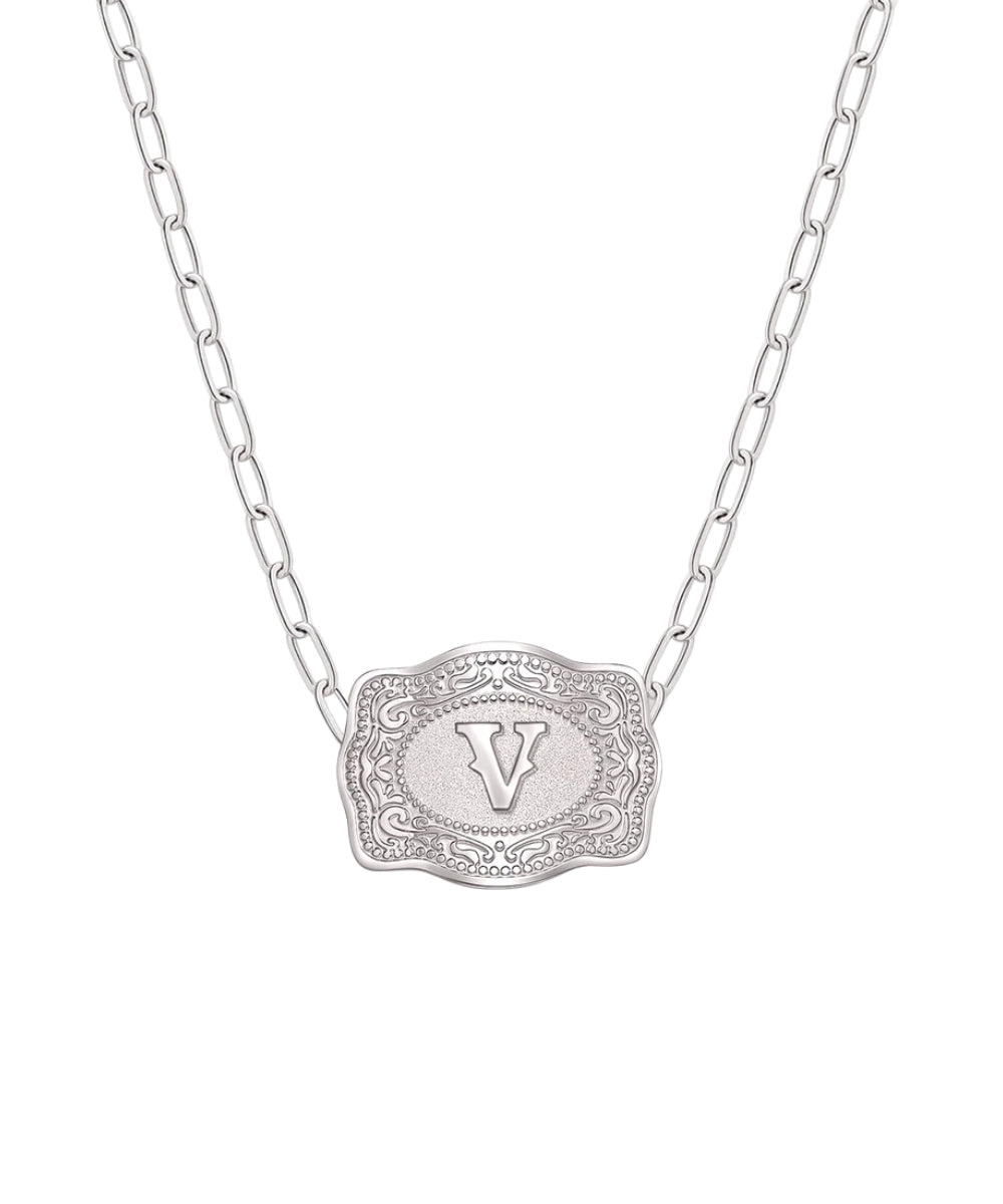 mini silver belt buckle v initial necklace on white background