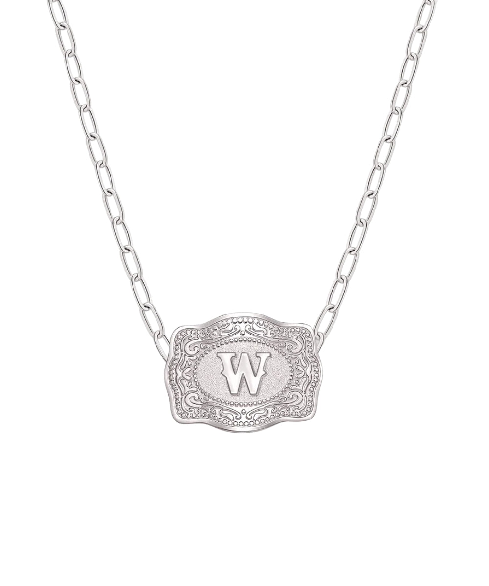 mini silver belt buckle w initial on white background