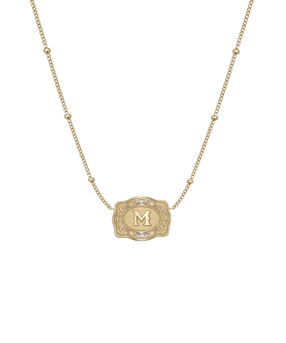 Front view of the women's SpurWest Ultra Mini Belt Buckle M Initial Necklace featuring the gold plating