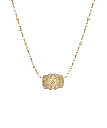 Front view of the women's SpurWest Ultra Mini Belt Buckle M Initial Necklace featuring the gold plating