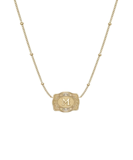 Front view of the women's SpurWest Ultra Mini Belt Buckle M Initial Necklace featuring the gold plating
