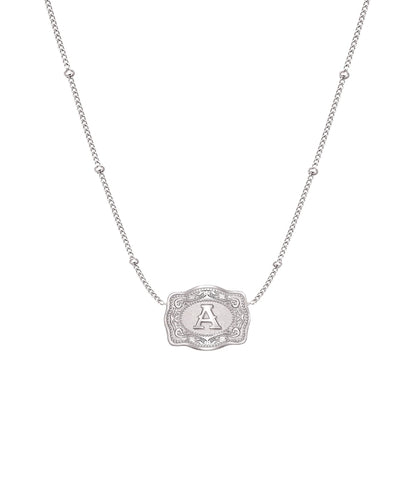 ultra mini silver belt buckle a initial necklace on white background