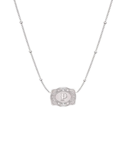 ultra mini silver belt buckle necklace p initial on white background