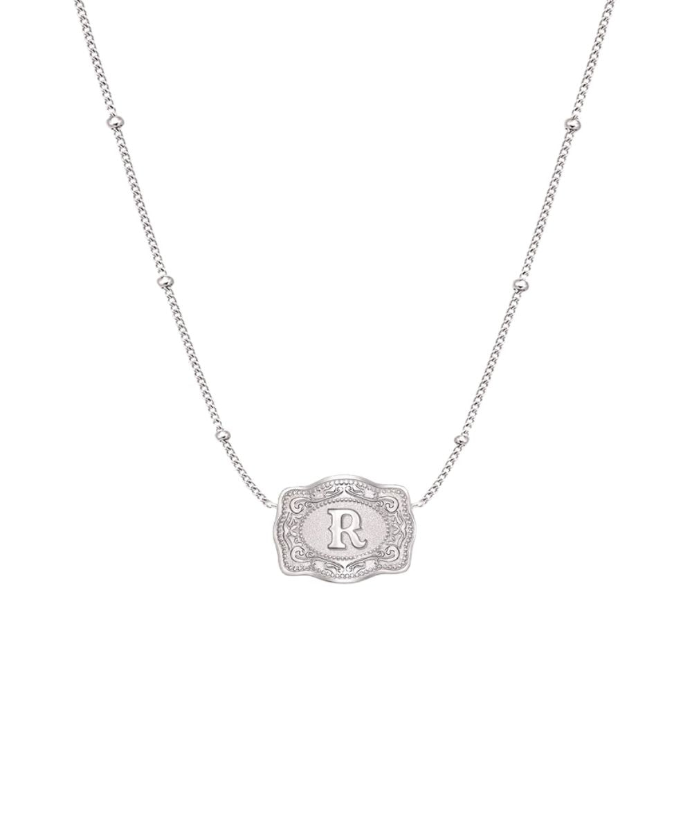 ultra mini silver belt buckle necklace r initial on white background