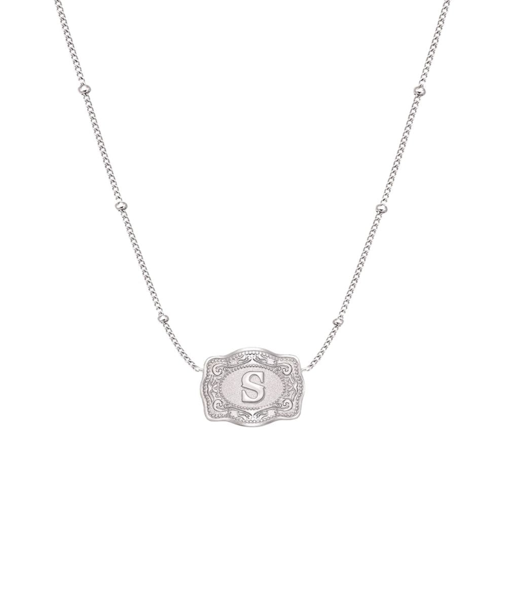 ultra mini silver belt buckle necklace s initial on white background