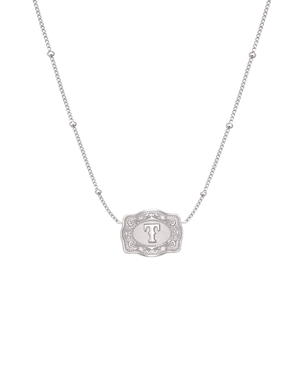 ultra mini silver belt buckle necklace t initial on white background