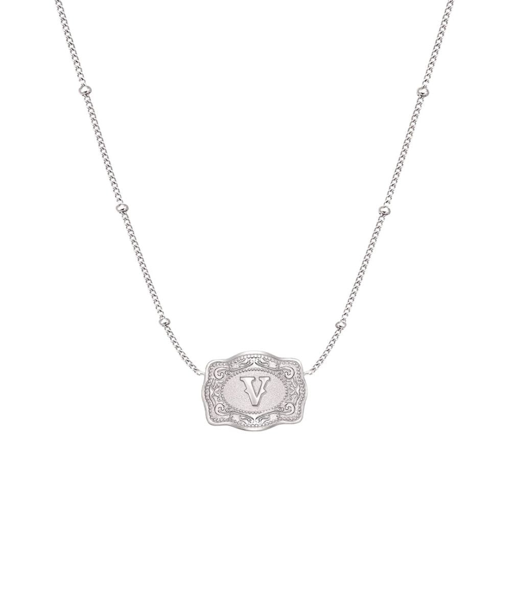 ultra mini silver belt buckle necklace v initial on white background