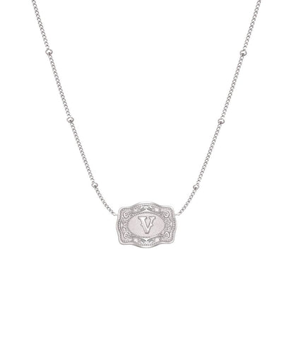ultra mini silver belt buckle necklace v initial on white background