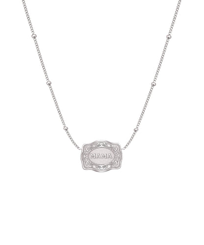 ultra mini silver belt buckle mama necklace on white background
