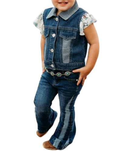 Little Girl's Sleeveless Denim Vest With Two-Tone Color Blocked Denim Detailing