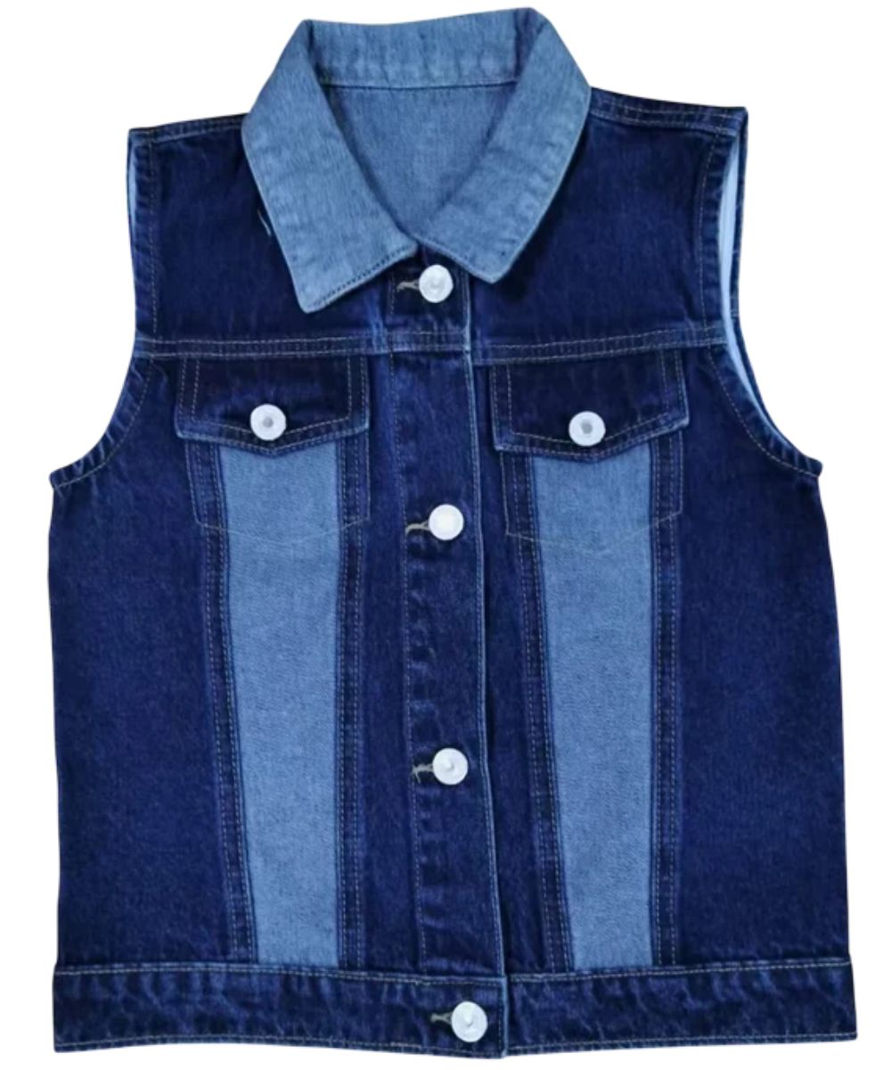 Little Girl's Denim Vest With A Spread Collar, Button-Front Closure, And Button-Through Flap Chest Pockets