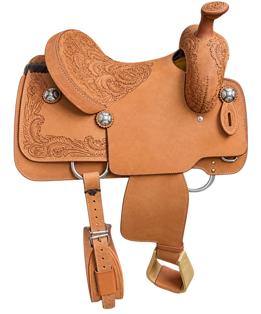 Tan/Hermann Oak leather Cactus Saddlery Team Roper Saddle featuring the floral tooling