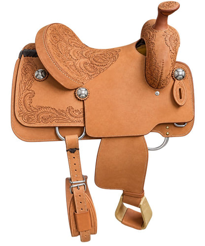 Tan/Hermann Oak leather Cactus Saddlery Team Roper Saddle featuring the floral tooling