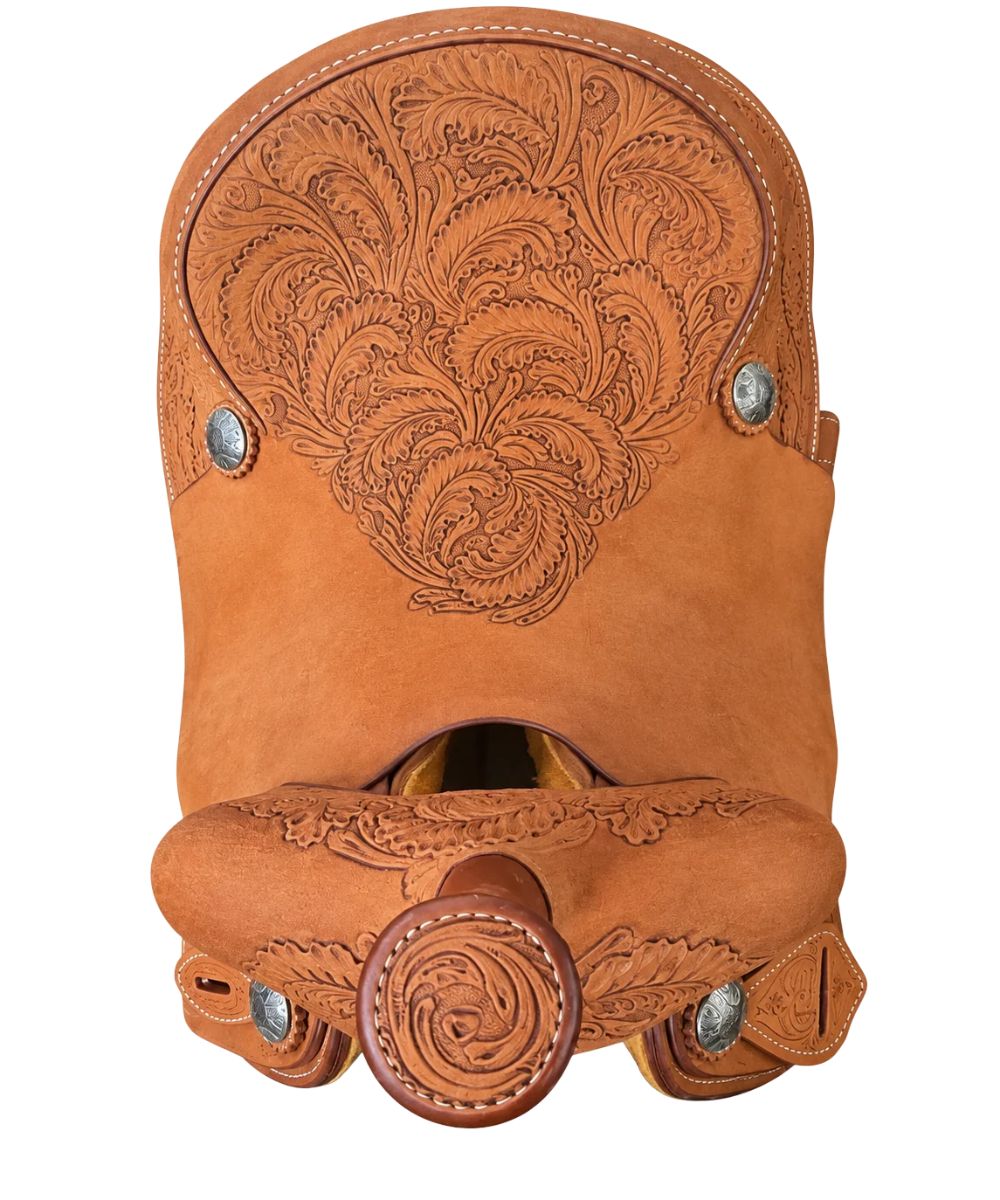 Close-up view of the 14" floral tooled seat