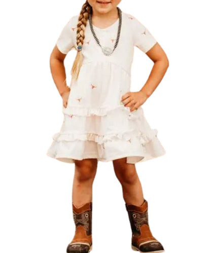 Girl's Short Sleeve Ruffle Dress Featuring A Longhorn Skull Desert Print