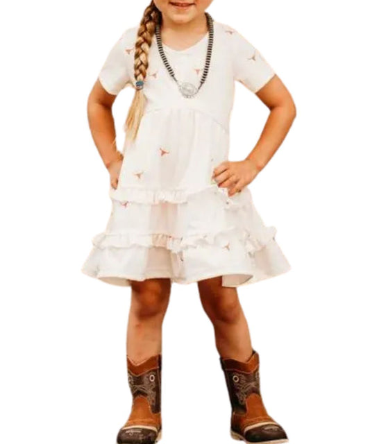Girl's Short Sleeve Ruffle Dress Featuring A Longhorn Skull Desert Print
