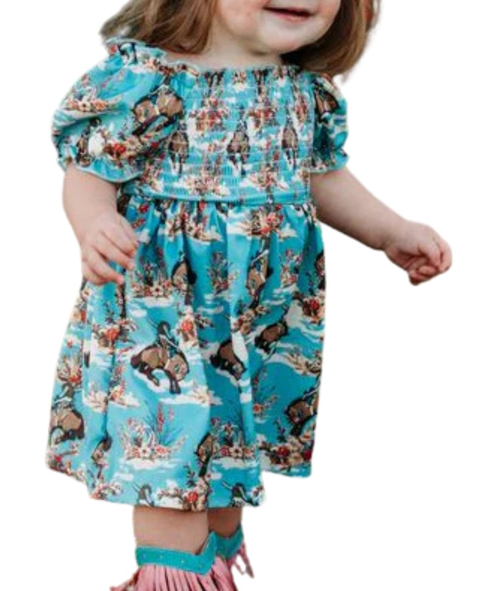 Girl's Blue Short Flutter Sleeve Dress With A Bucking Bloom Print