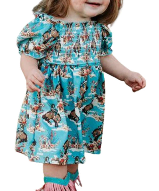 Girl's Blue Short Flutter Sleeve Dress With A Bucking Bloom Print