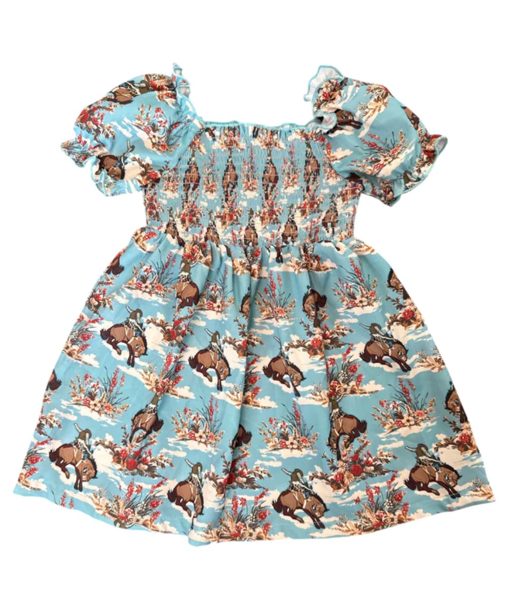 Girl's Smocked Top Dress With Short Flutter Sleeves And A Square Neckline