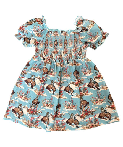 Girl's Smocked Top Dress With Short Flutter Sleeves And A Square Neckline