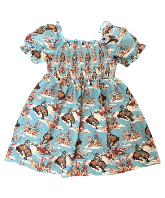 Girl's Smocked Top Dress With Short Flutter Sleeves And A Square Neckline