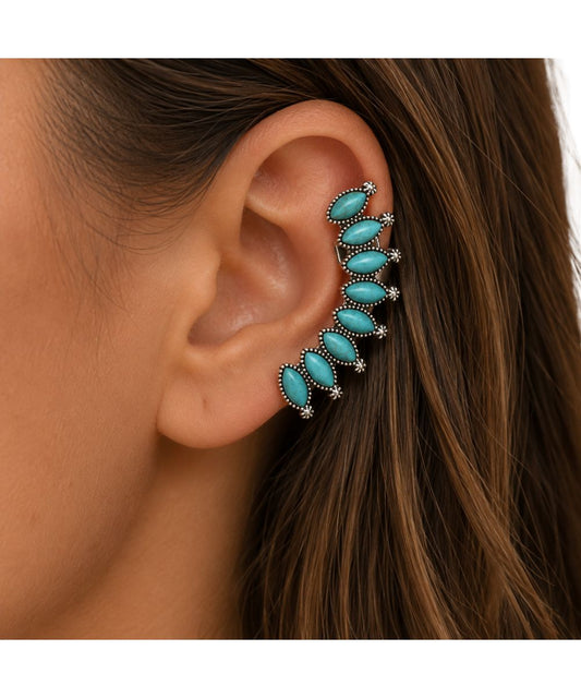 Model view of the women's turquoise ear cuff