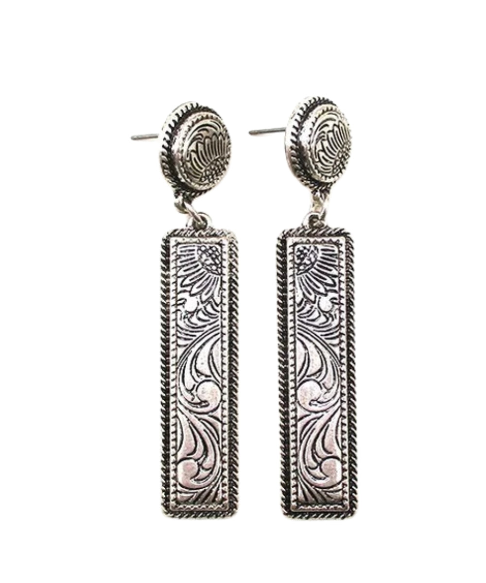 Snowing West Western Bar Engraved Dangle Earring on white background