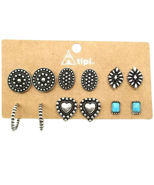 Package view of the women's western mix earring set featuring 6 pairs of silver tone earrings with post backs