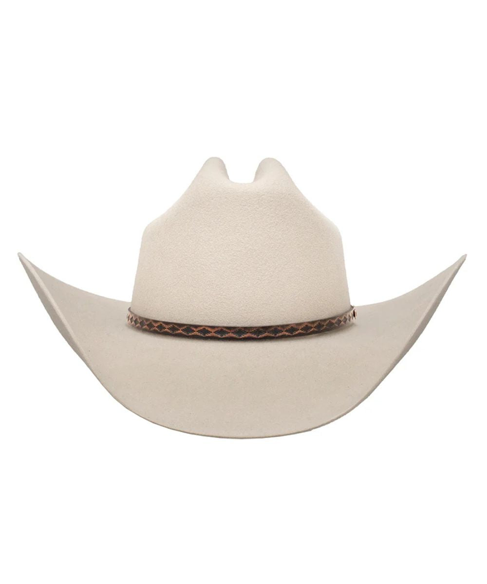 silver cowboy hat with Brown decorative band and white background