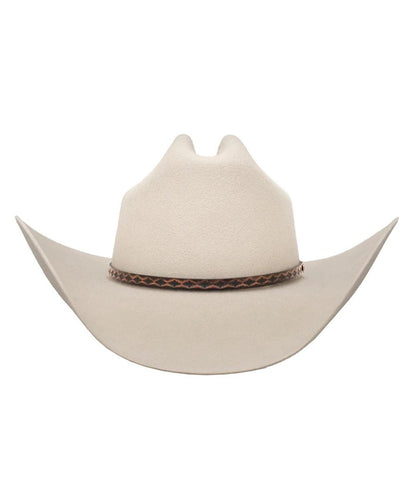 silver cowboy hat with Brown decorative band and white background