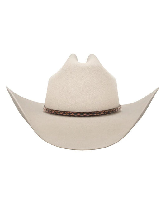 silver cowboy hat with Brown decorative band and white background