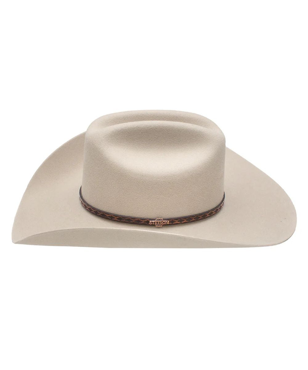 silver cowboy hat with Brown decorative band and white background