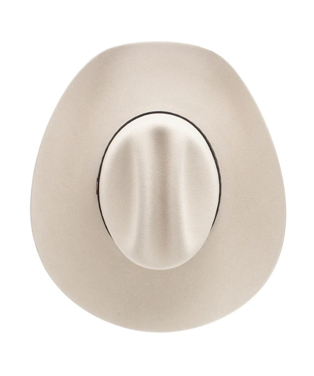 silver cowboy hat with Brown decorative band and white background